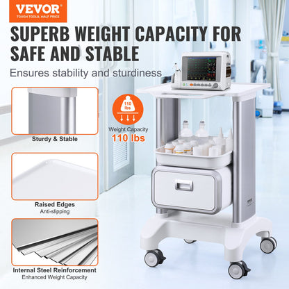 2 Tiers Lab Carts Mobile Medical Cart with 1 Drawer &amp; 1 Top Tray White