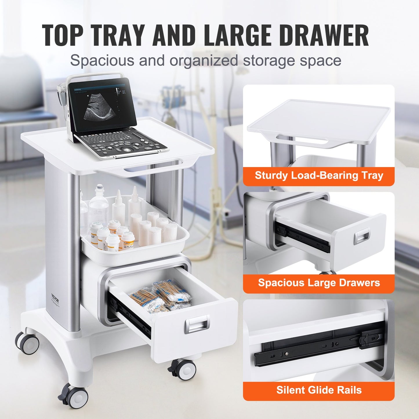 2 Tiers Lab Carts Mobile Medical Cart with 1 Drawer &amp; 1 Top Tray White