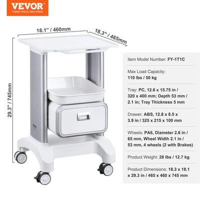 2 Tiers Lab Carts Mobile Medical Cart with 1 Drawer &amp; 1 Top Tray White