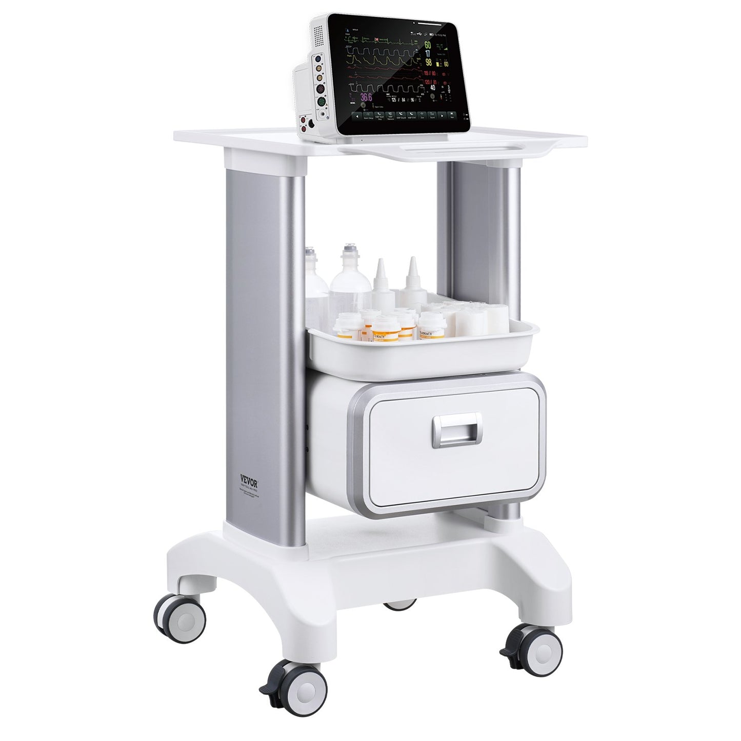 2 Tiers Lab Carts Mobile Medical Cart with 1 Drawer &amp; 1 Top Tray White
