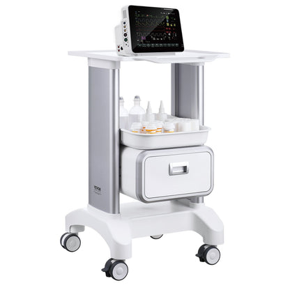 2 Tiers Lab Carts Mobile Medical Cart with 1 Drawer &amp; 1 Top Tray White