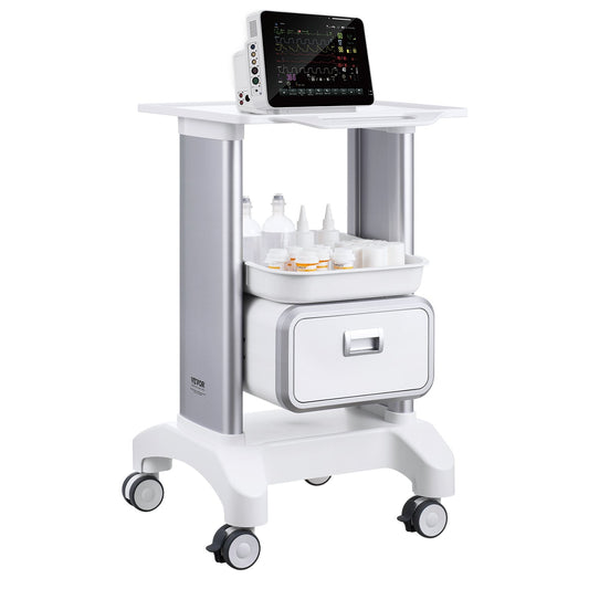 2 Tiers Lab Carts Mobile Medical Cart with 1 Drawer &amp; 1 Top Tray White