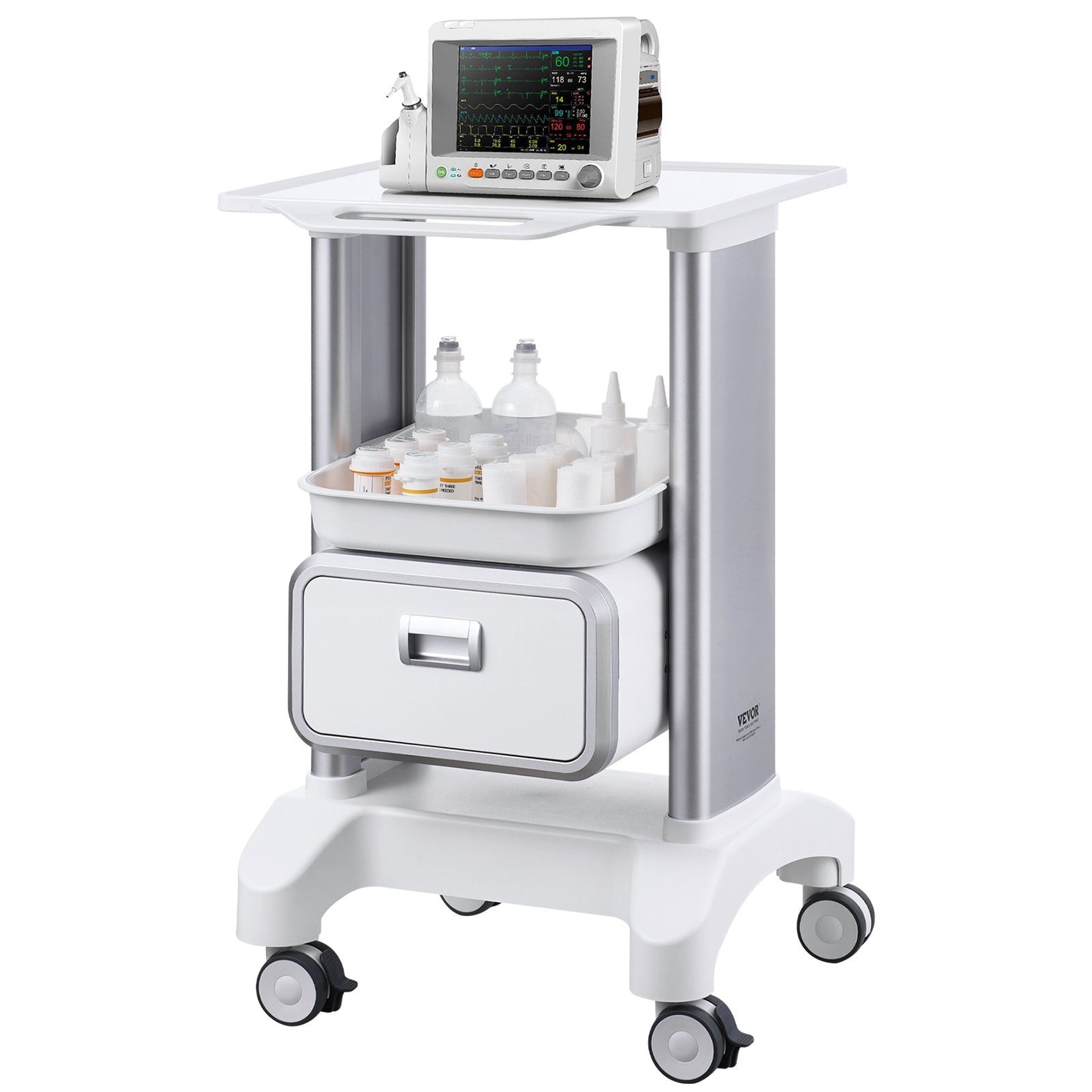 2 Tiers Lab Carts Mobile Medical Cart with 1 Drawer &amp; 1 Top Tray White
