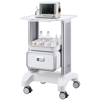 2 Tiers Lab Carts Mobile Medical Cart with 1 Drawer &amp; 1 Top Tray White