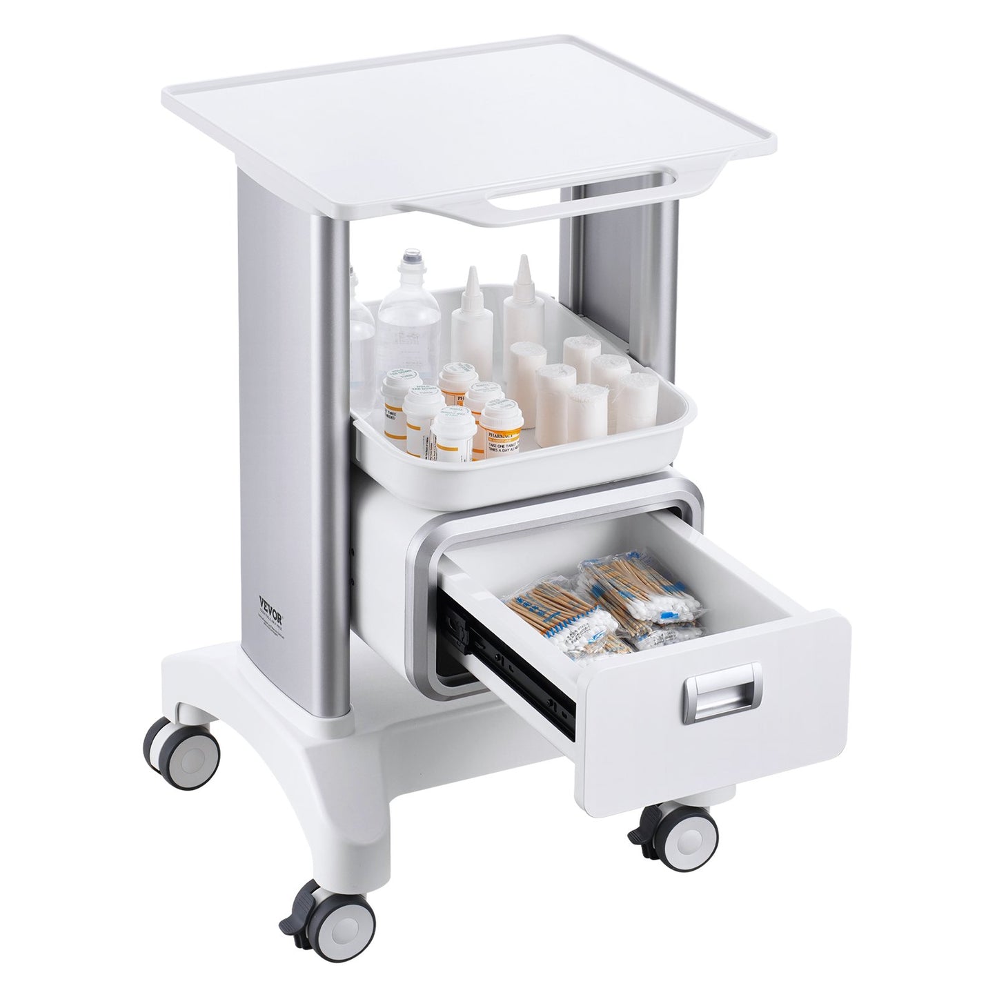 2 Tiers Lab Carts Mobile Medical Cart with 1 Drawer &amp; 1 Top Tray White