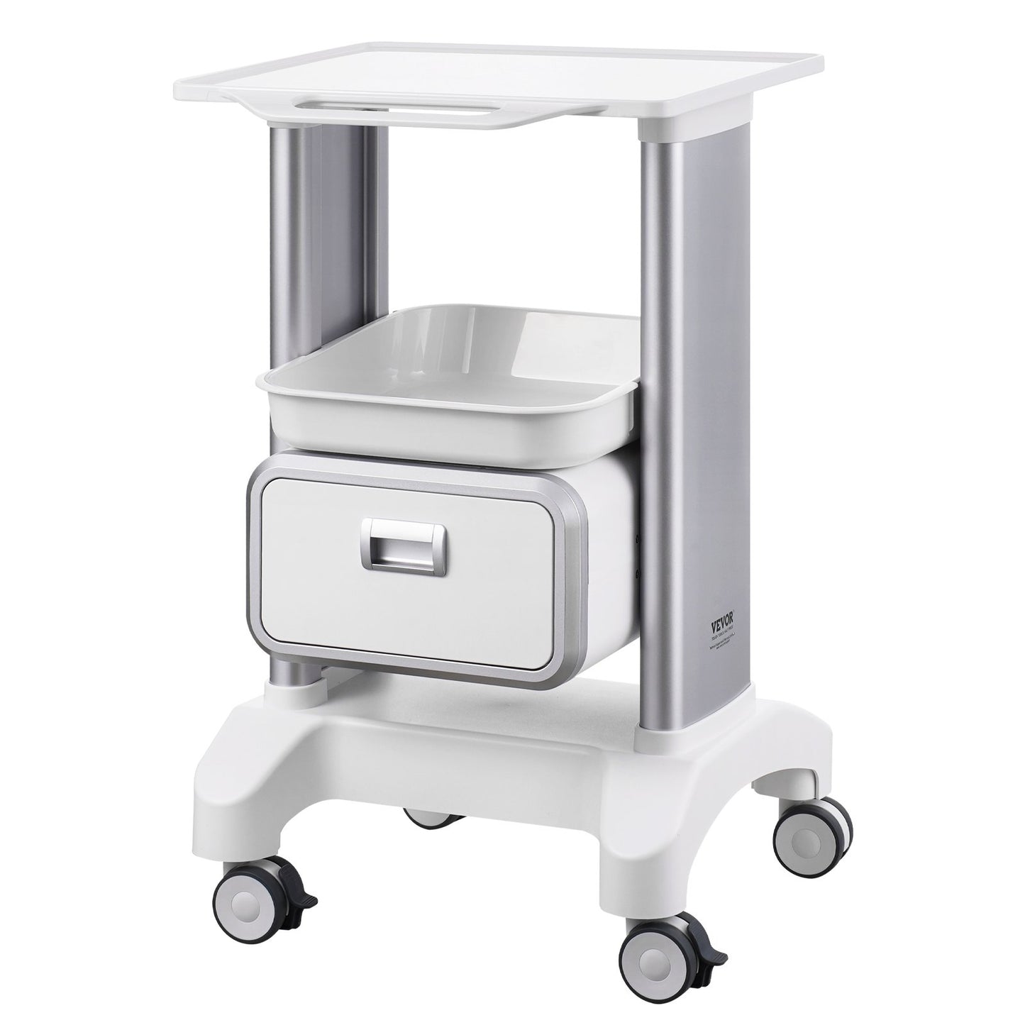 2 Tiers Lab Carts Mobile Medical Cart with 1 Drawer &amp; 1 Top Tray White