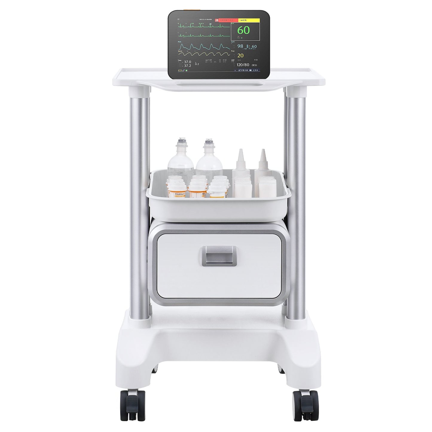 2 Tiers Lab Carts Mobile Medical Cart with 1 Drawer &amp; 1 Top Tray White