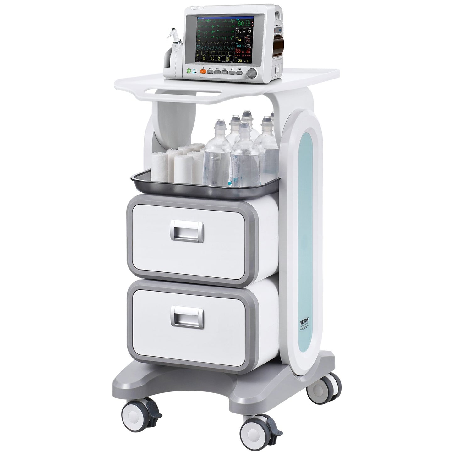 3 Tiers Lab Carts Mobile Medical Cart with 2 Drawers &amp; 1 Top Tray White