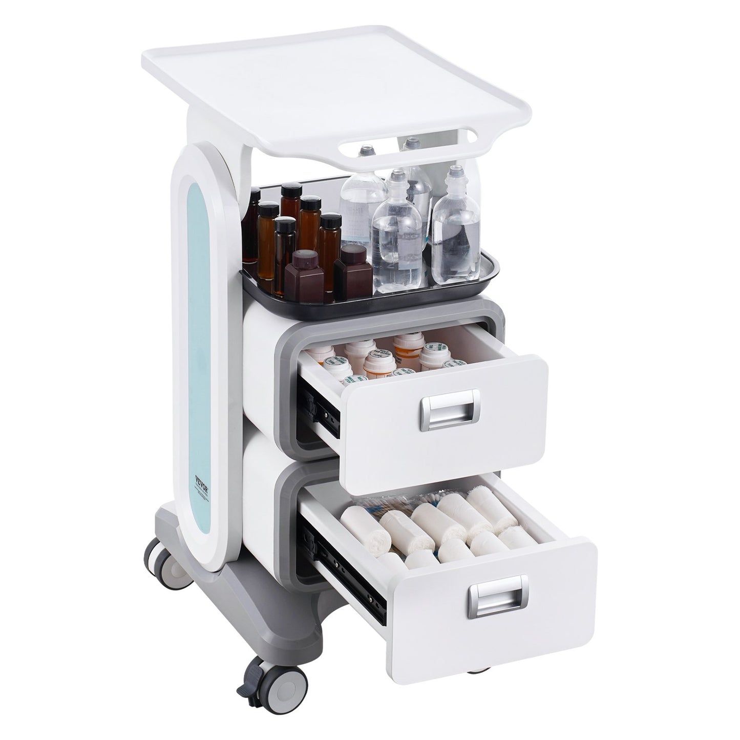3 Tiers Lab Carts Mobile Medical Cart with 2 Drawers &amp; 1 Top Tray White