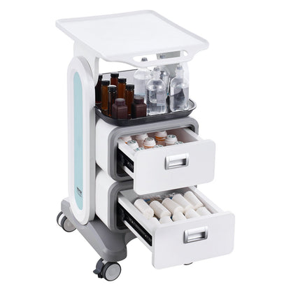 3 Tiers Lab Carts Mobile Medical Cart with 2 Drawers &amp; 1 Top Tray White