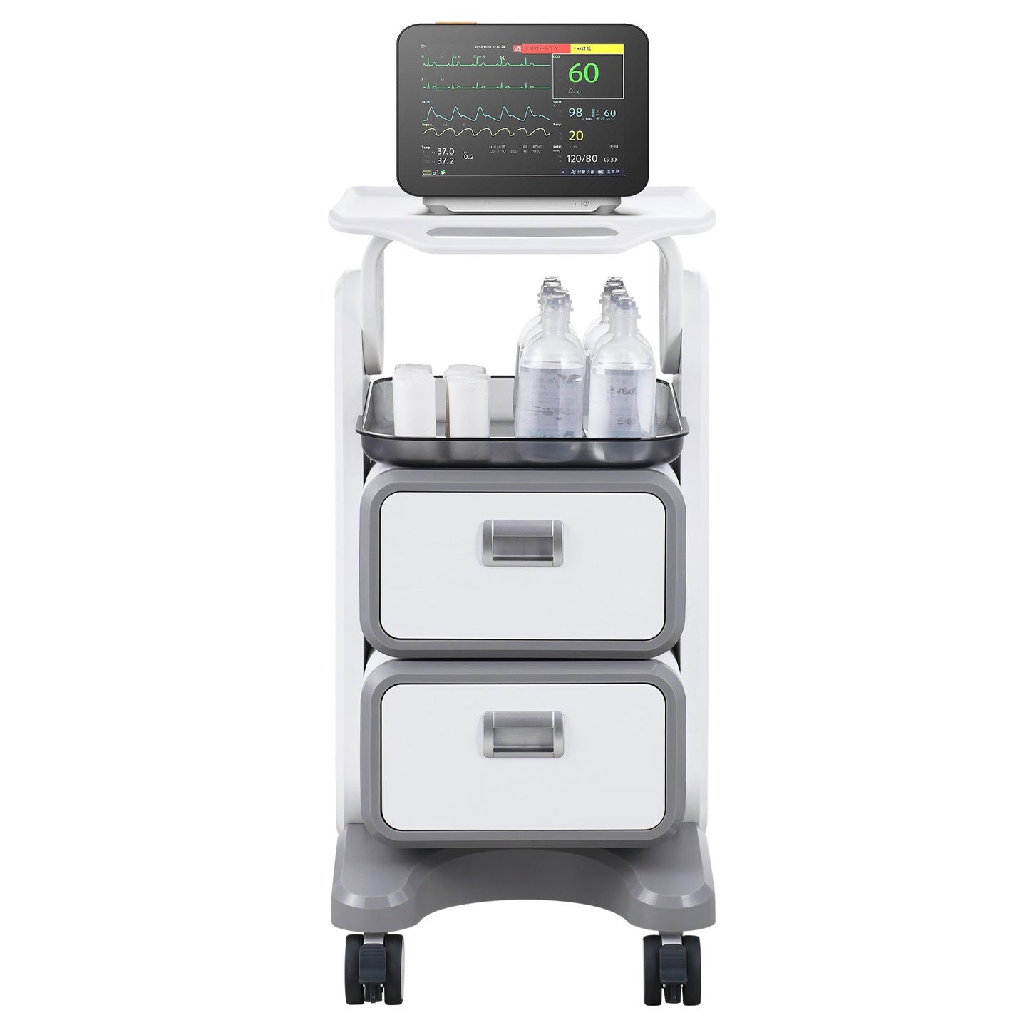 3 Tiers Lab Carts Mobile Medical Cart with 2 Drawers &amp; 1 Top Tray White