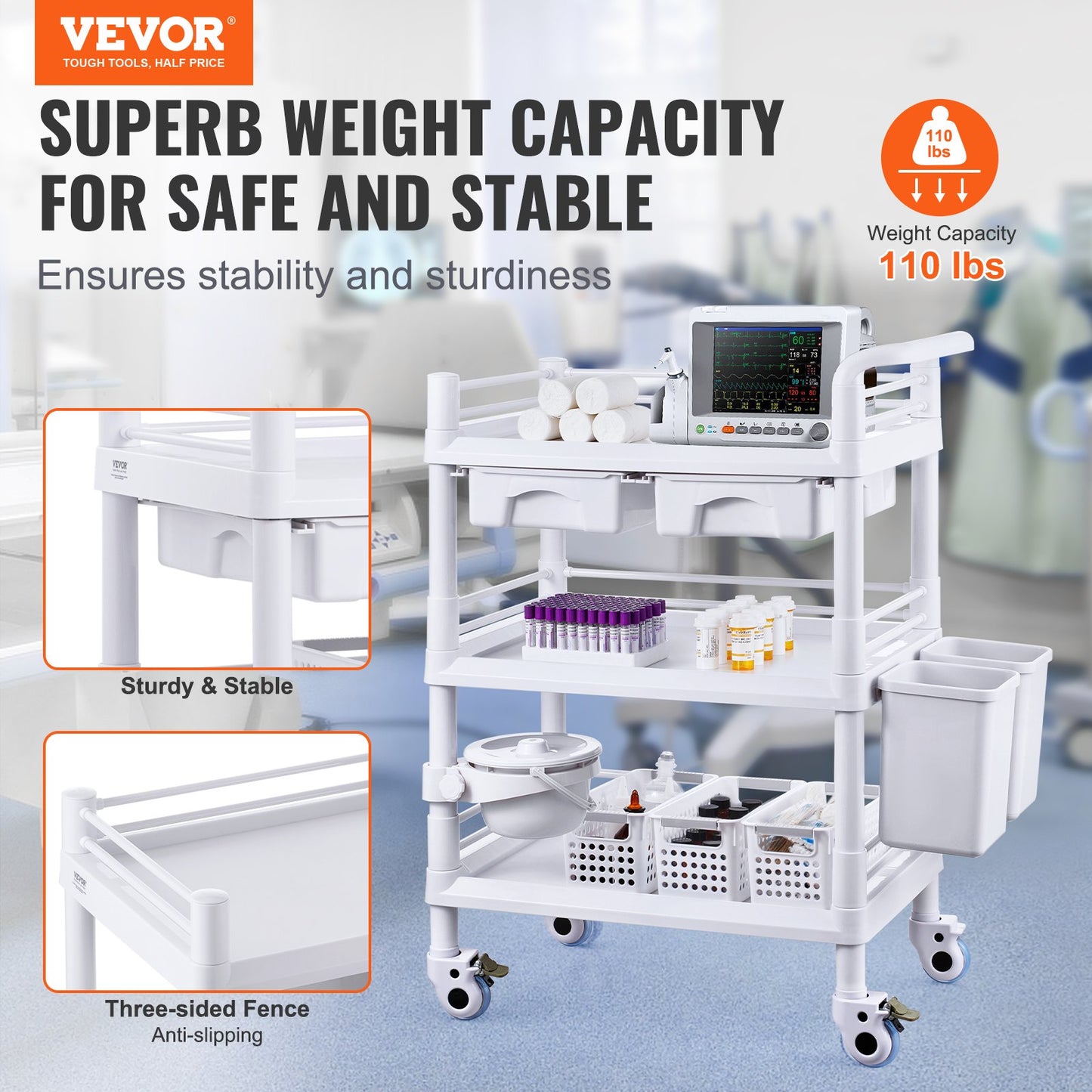 3 Tiers Lab Carts Mobile Medical Cart with 3 Trays &amp; 3 Waste Bins White