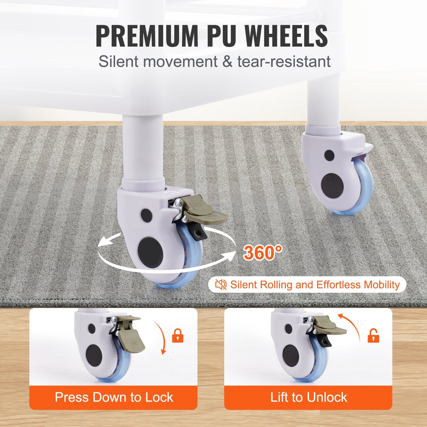 3 Tiers Lab Carts Mobile Medical Cart with 3 Trays &amp; 3 Waste Bins White