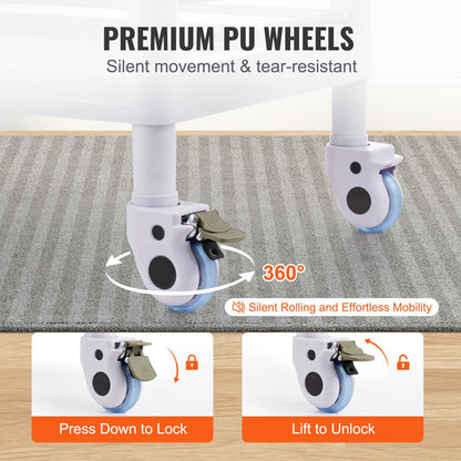 3 Tiers Lab Carts Mobile Medical Cart with 3 Trays &amp; 3 Waste Bins White
