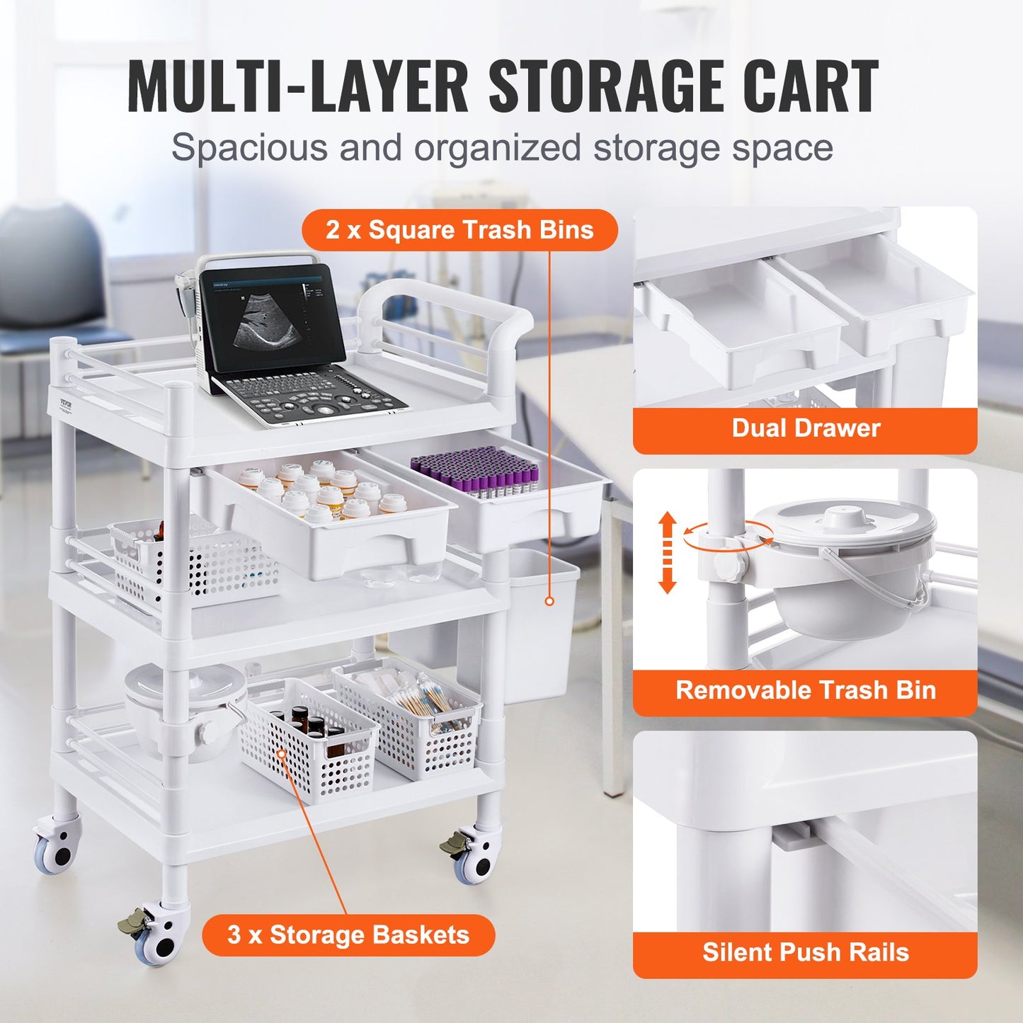 3 Tiers Lab Carts Mobile Medical Cart with 3 Trays &amp; 3 Waste Bins White
