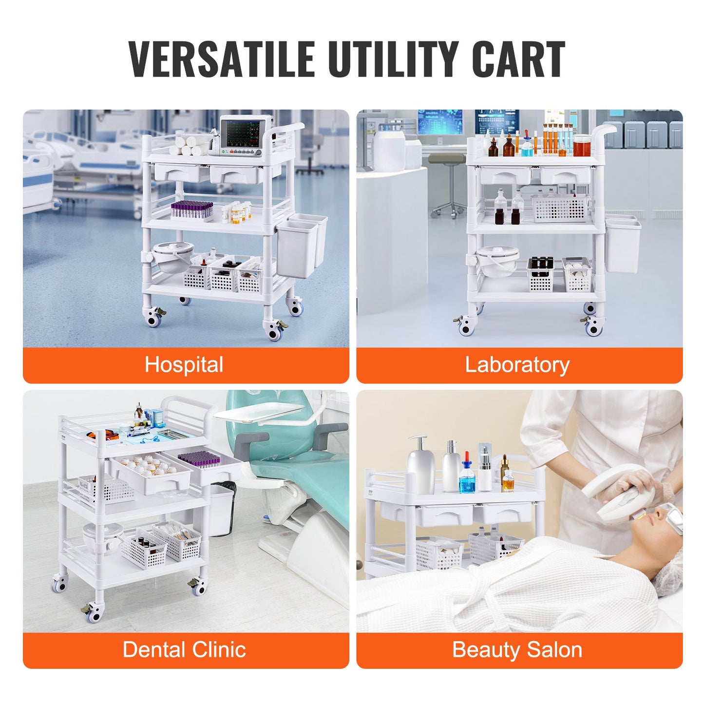 3 Tiers Lab Carts Mobile Medical Cart with 3 Trays &amp; 3 Waste Bins White
