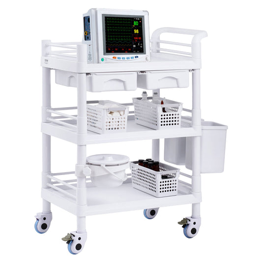 3 Tiers Lab Carts Mobile Medical Cart with 3 Trays &amp; 3 Waste Bins White