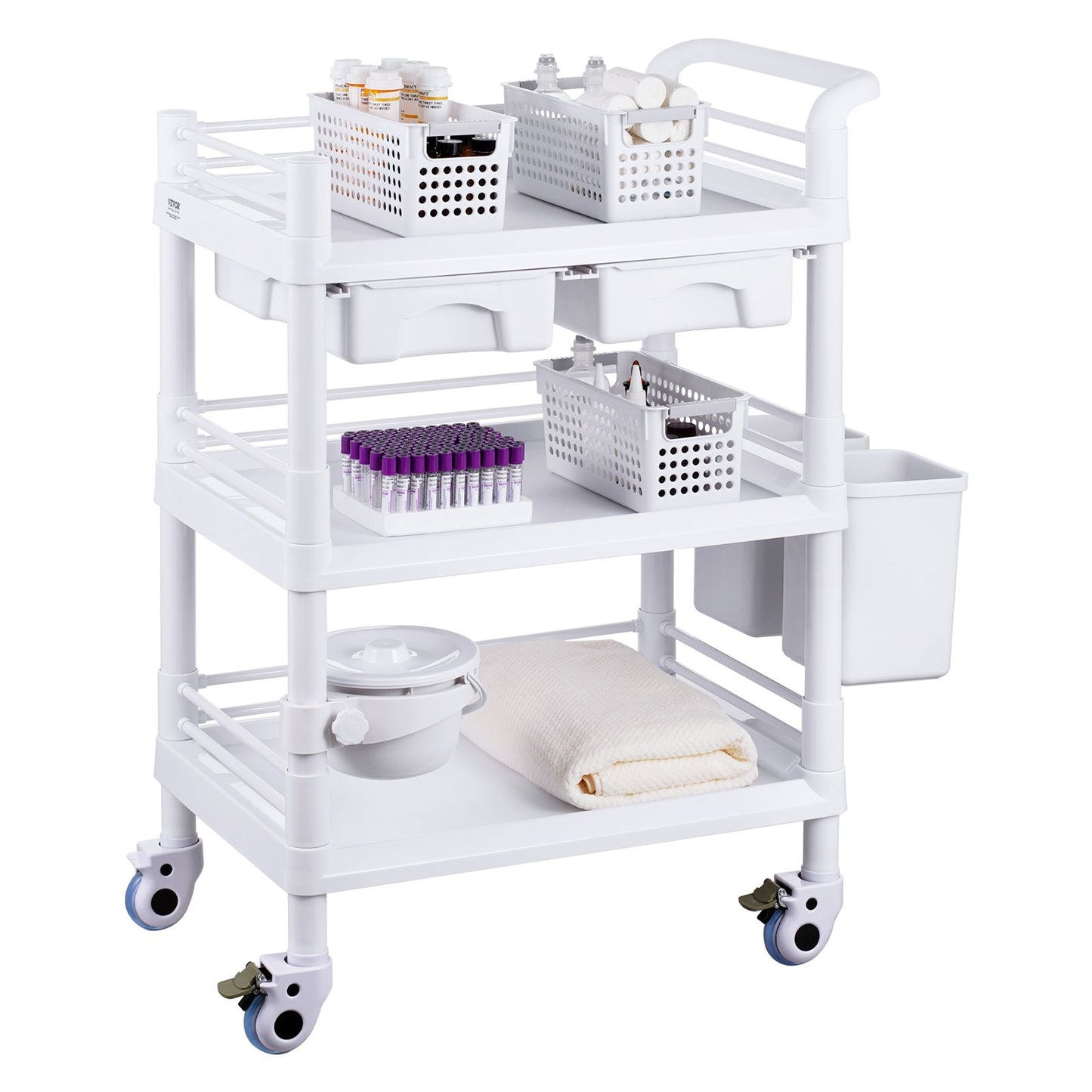 3 Tiers Lab Carts Mobile Medical Cart with 3 Trays &amp; 3 Waste Bins White