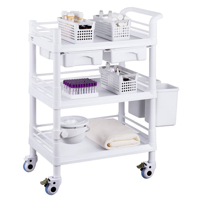 3 Tiers Lab Carts Mobile Medical Cart with 3 Trays &amp; 3 Waste Bins White