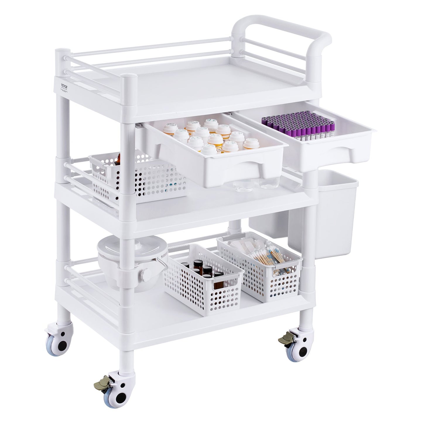 3 Tiers Lab Carts Mobile Medical Cart with 3 Trays &amp; 3 Waste Bins White
