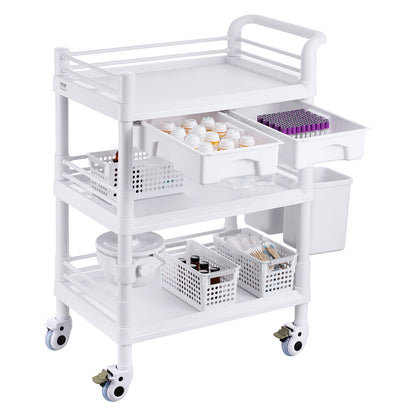 3 Tiers Lab Carts Mobile Medical Cart with 3 Trays &amp; 3 Waste Bins White