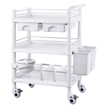 3 Tiers Lab Carts Mobile Medical Cart with 3 Trays &amp; 3 Waste Bins White