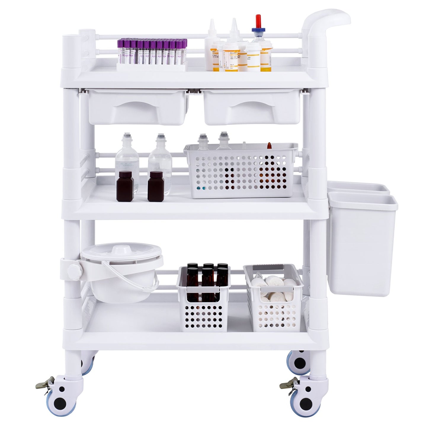 3 Tiers Lab Carts Mobile Medical Cart with 3 Trays &amp; 3 Waste Bins White