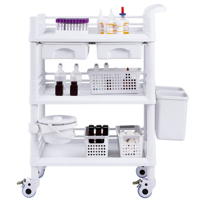 3 Tiers Lab Carts Mobile Medical Cart with 3 Trays &amp; 3 Waste Bins White