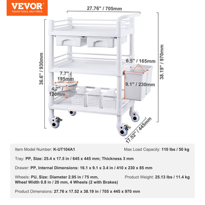 3 Tiers Lab Carts, Lab Utility Cart with 3 Trays & 4 Silent Wheels, Mobile Medical Cart with PP Material, Lab Rolling Cart with 3 Trash Cans for Lab, Clinic, Hospital, Salon, White