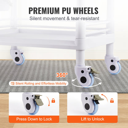 2 Tier Lab Carts Mobile Medical Cart 2 Trays 2 Drawers 3 Trash Cans White