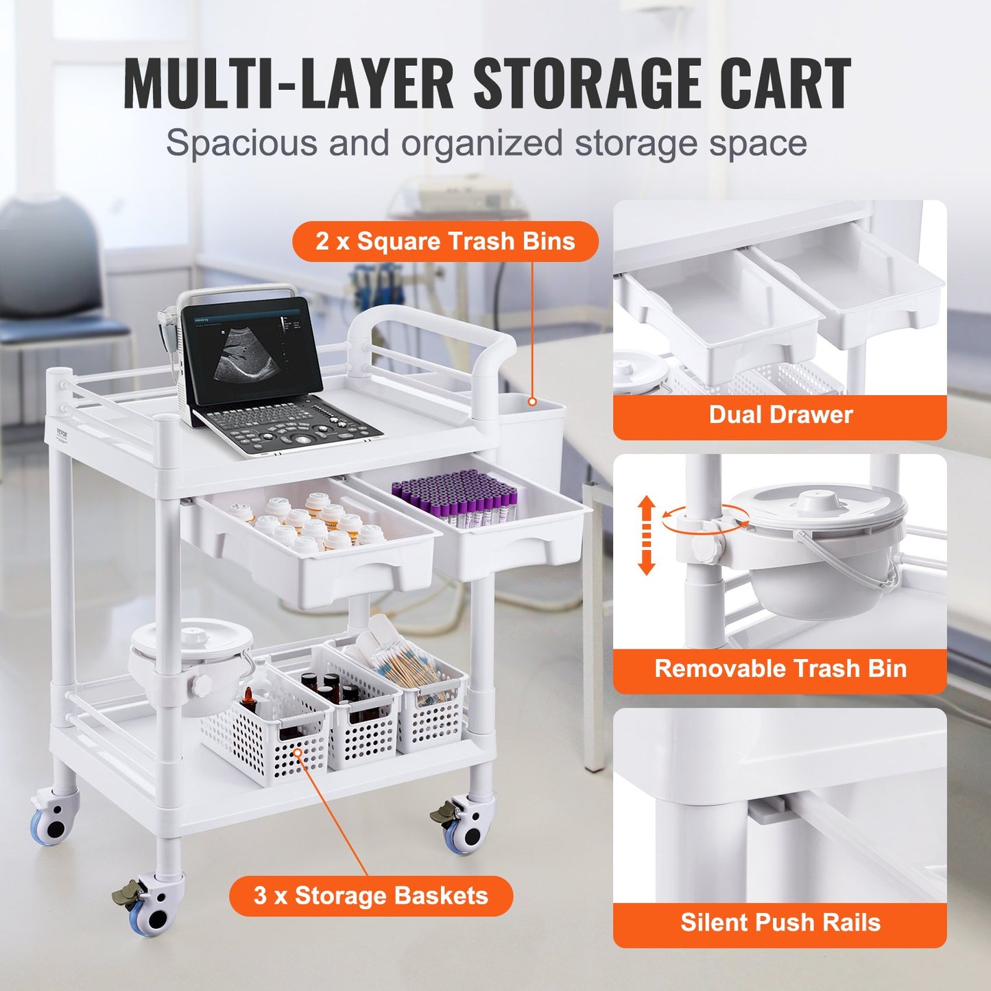 2 Tier Lab Carts Mobile Medical Cart 2 Trays 2 Drawers 3 Trash Cans White