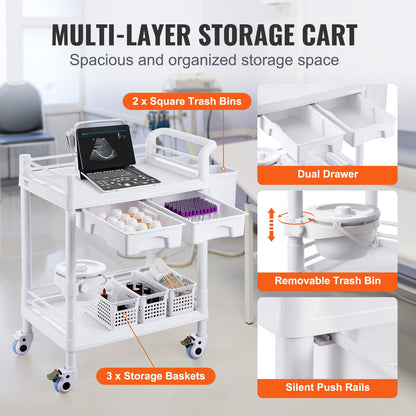 2 Tier Lab Carts Mobile Medical Cart 2 Trays 2 Drawers 3 Trash Cans White