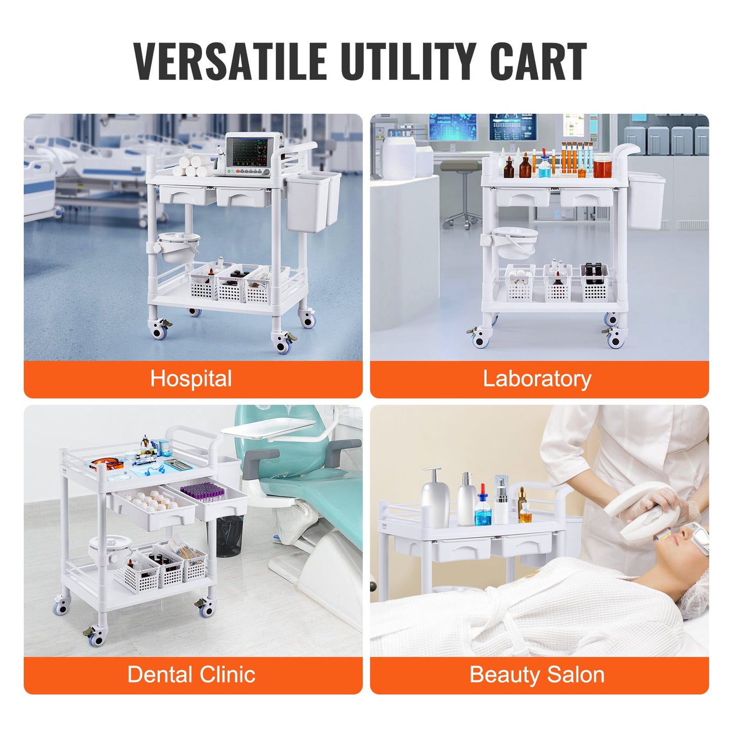 2 Tier Lab Carts Mobile Medical Cart 2 Trays 2 Drawers 3 Trash Cans White