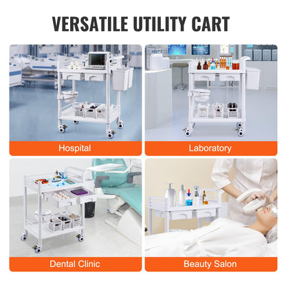2 Tier Lab Carts Mobile Medical Cart 2 Trays 2 Drawers 3 Trash Cans White