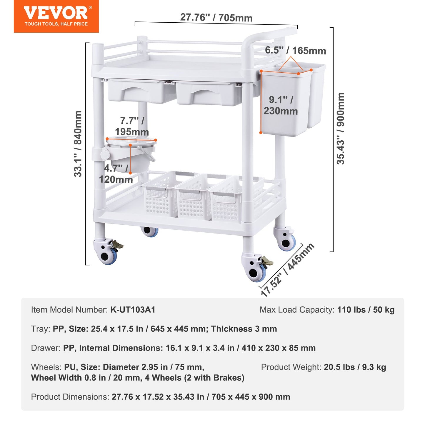 2 Tier Lab Carts Mobile Medical Cart 2 Trays 2 Drawers 3 Trash Cans White