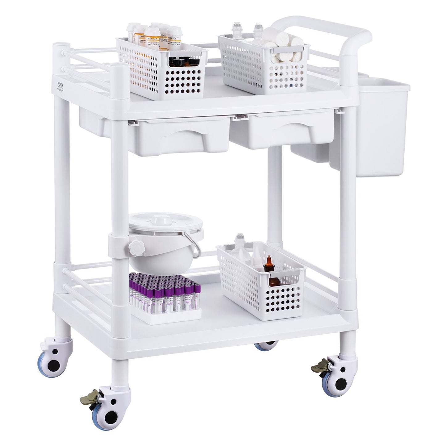 2 Tier Lab Carts Mobile Medical Cart 2 Trays 2 Drawers 3 Trash Cans White