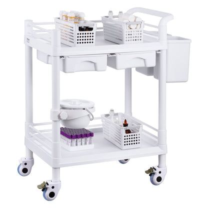 2 Tier Lab Carts Mobile Medical Cart 2 Trays 2 Drawers 3 Trash Cans White