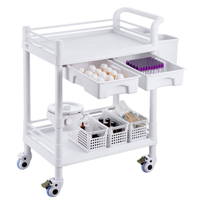 2 Tier Lab Carts Mobile Medical Cart 2 Trays 2 Drawers 3 Trash Cans White