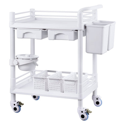 2 Tier Lab Carts Mobile Medical Cart 2 Trays 2 Drawers 3 Trash Cans White