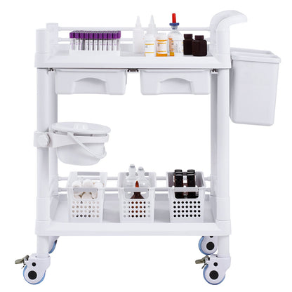 2 Tier Lab Carts Mobile Medical Cart 2 Trays 2 Drawers 3 Trash Cans White