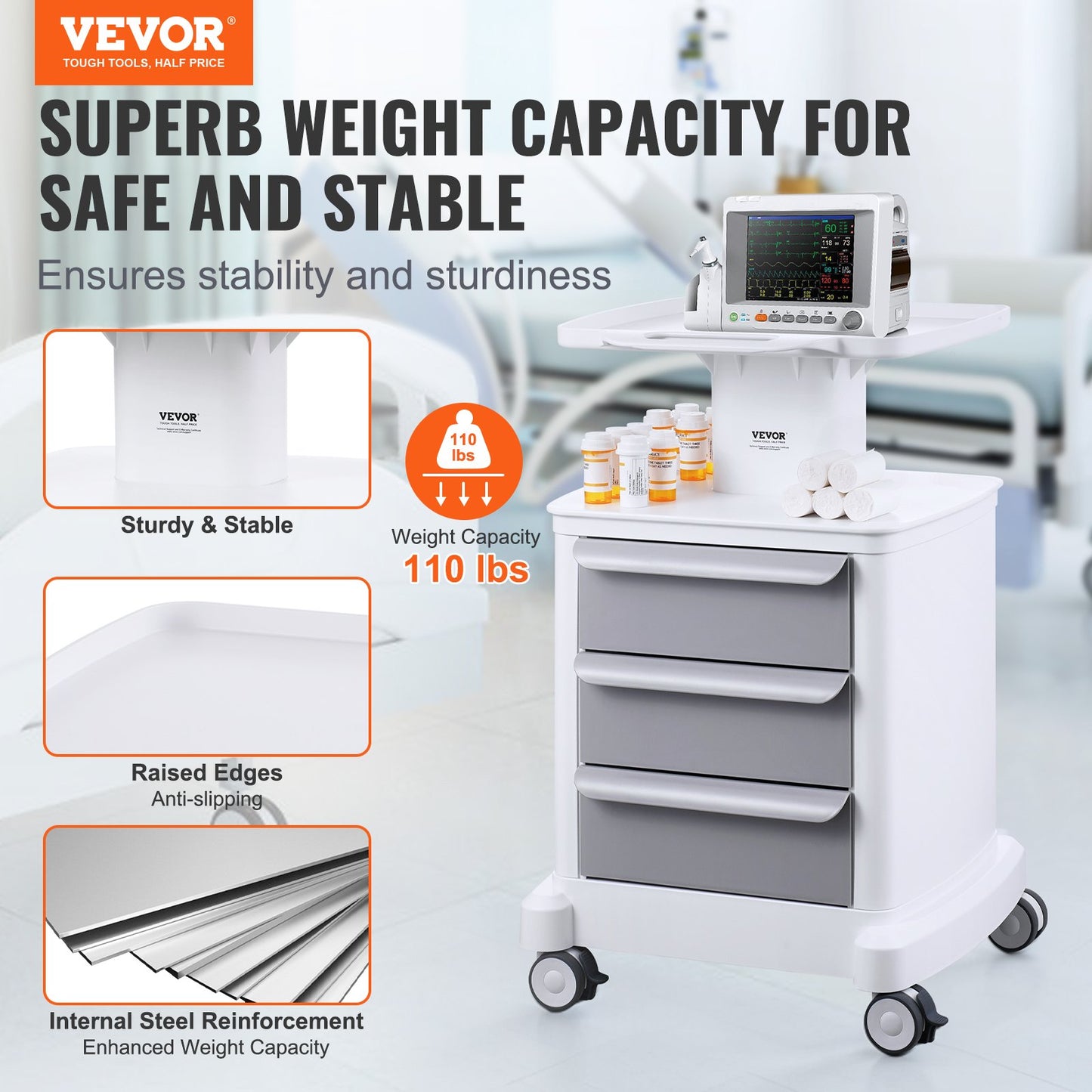 4 Tiers Lab Carts Mobile Medical Cart with 3 Drawers &amp; 1 Top Tray White