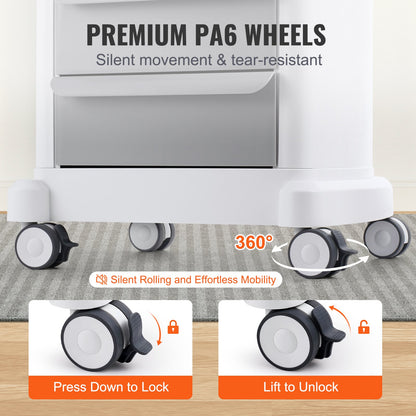 4 Tiers Lab Carts Mobile Medical Cart with 3 Drawers &amp; 1 Top Tray White