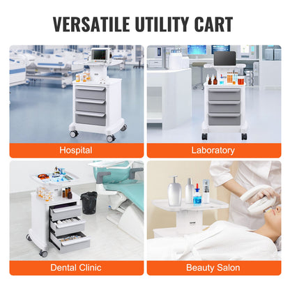 4 Tiers Lab Carts Mobile Medical Cart with 3 Drawers &amp; 1 Top Tray White