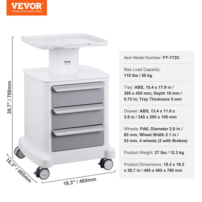 4 Tiers Lab Carts Mobile Medical Cart with 3 Drawers &amp; 1 Top Tray White