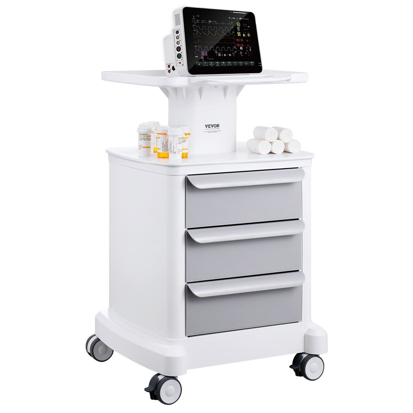 4 Tiers Lab Carts Mobile Medical Cart with 3 Drawers &amp; 1 Top Tray White