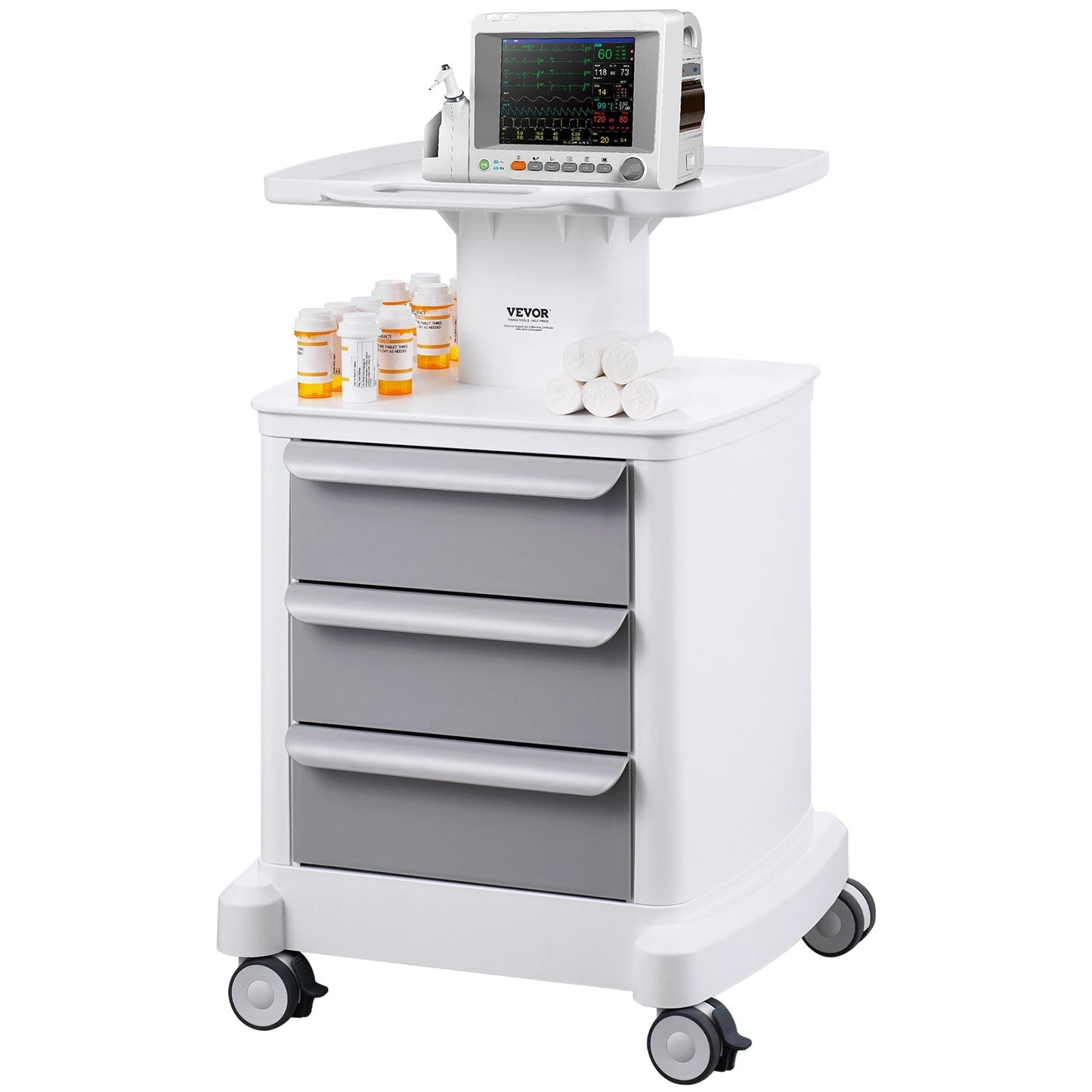 4 Tiers Lab Carts Mobile Medical Cart with 3 Drawers &amp; 1 Top Tray White