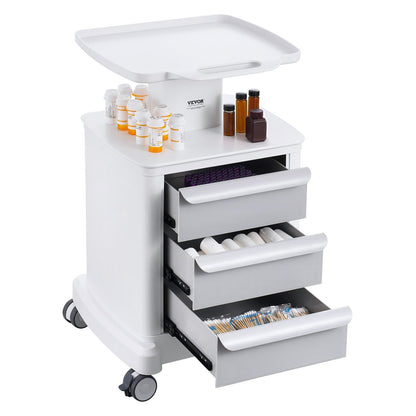 4 Tiers Lab Carts Mobile Medical Cart with 3 Drawers &amp; 1 Top Tray White