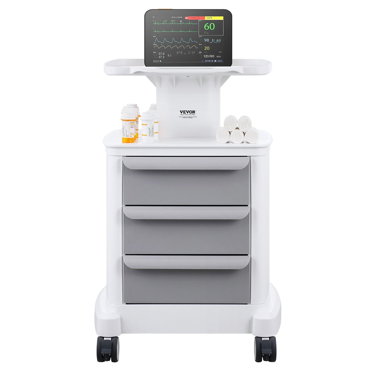 4 Tiers Lab Carts Mobile Medical Cart with 3 Drawers &amp; 1 Top Tray White