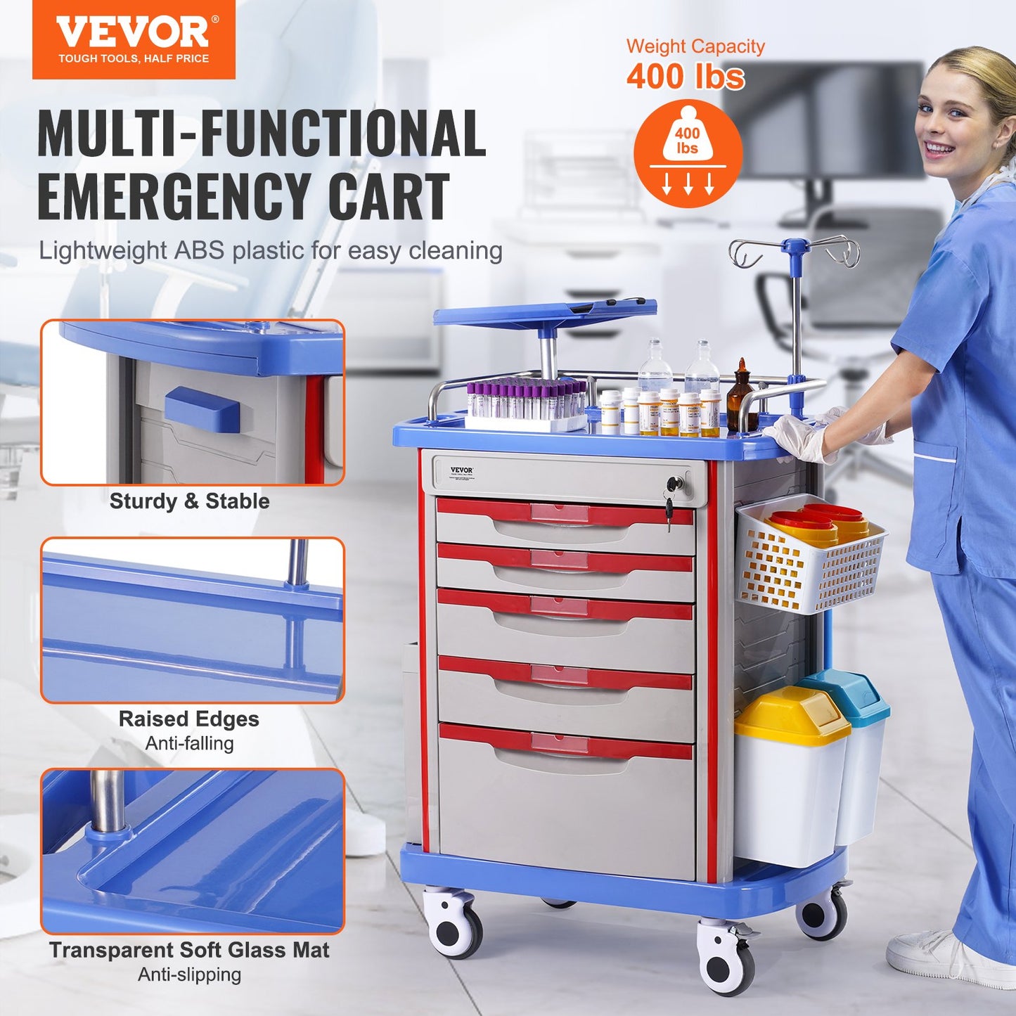 5 Tiers Lab Carts Mobile Medical Cart with 5 Drawers &amp; 2 Trash Cans Blue