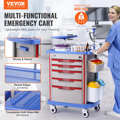 5 Tiers Lab Carts Mobile Medical Cart with 5 Drawers &amp; 2 Trash Cans Blue